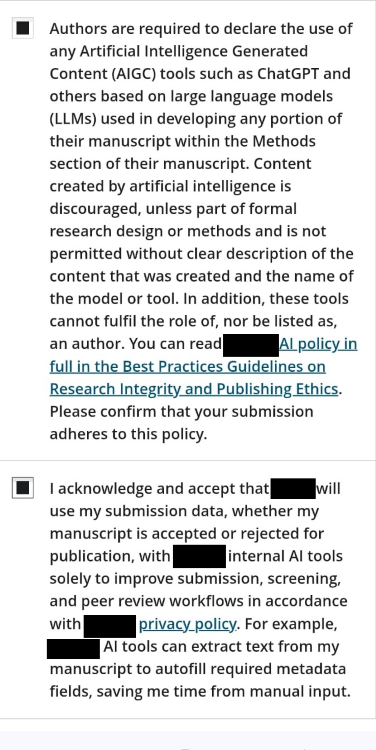 screenshot showing AI disclosure requirement and acknowledgement that the redacted publisher will use their manuscript with AI tools, with check boxes checked
