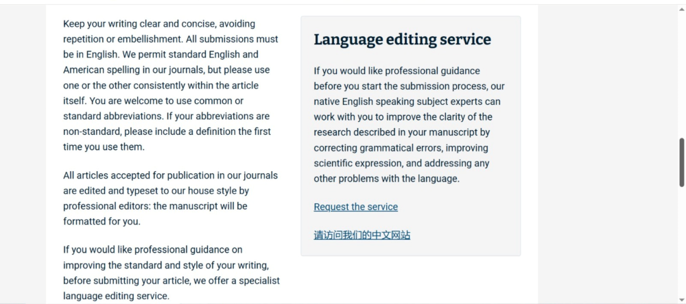 screenshot showing author guidelines beside advertisement for language editing service