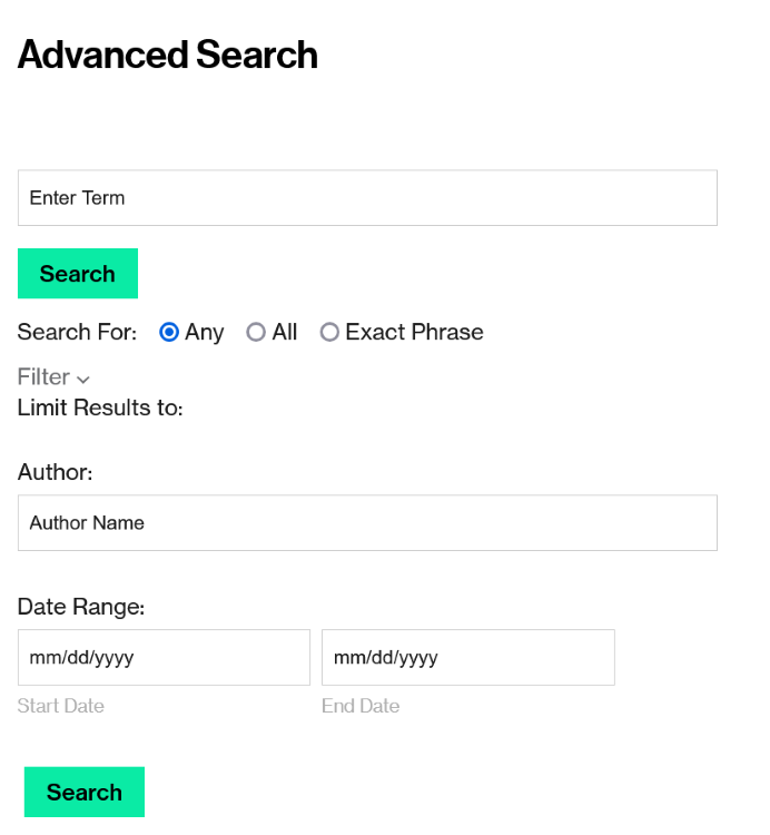 screenshot showing a advanced search with a search bar, a green search button, buttons, filters, and fields