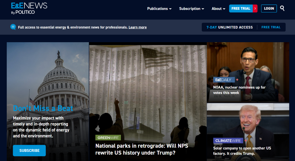 screenshot showing the E&E News homepage