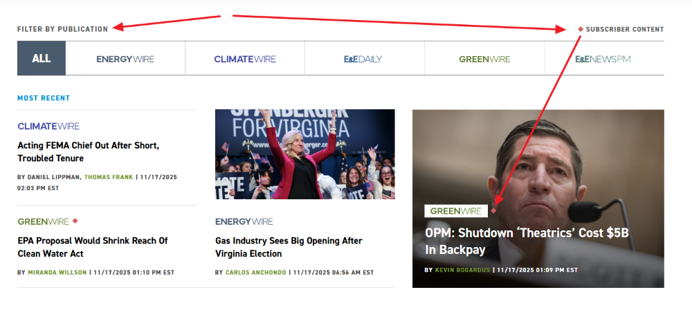 screenshot showing a row of buttons with the names of the E&E news publications, with an arrow pointed to the label “FILTER BY PUBLICATION” and another arrow pointed to the diamond indicating subscriber content