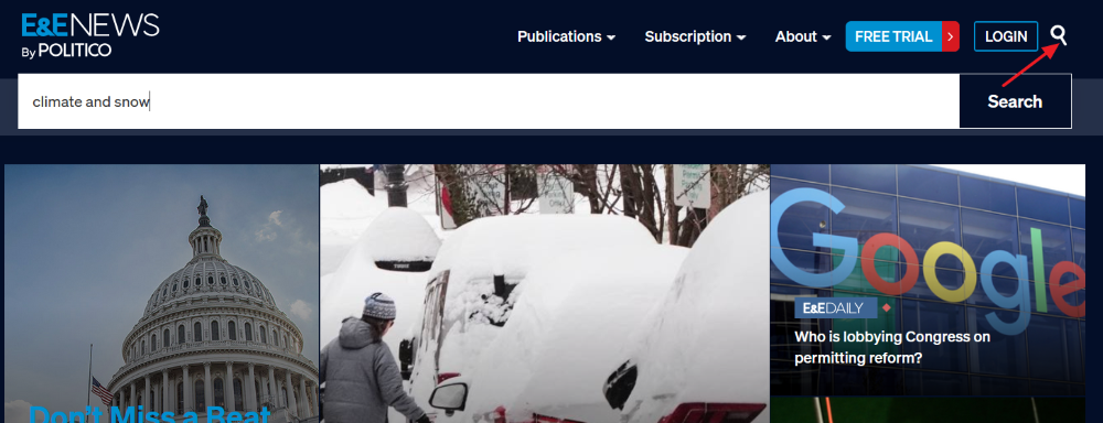 screenshot of homepage with red arrow indicating a magnifying glass shape in the upper right-hand corner