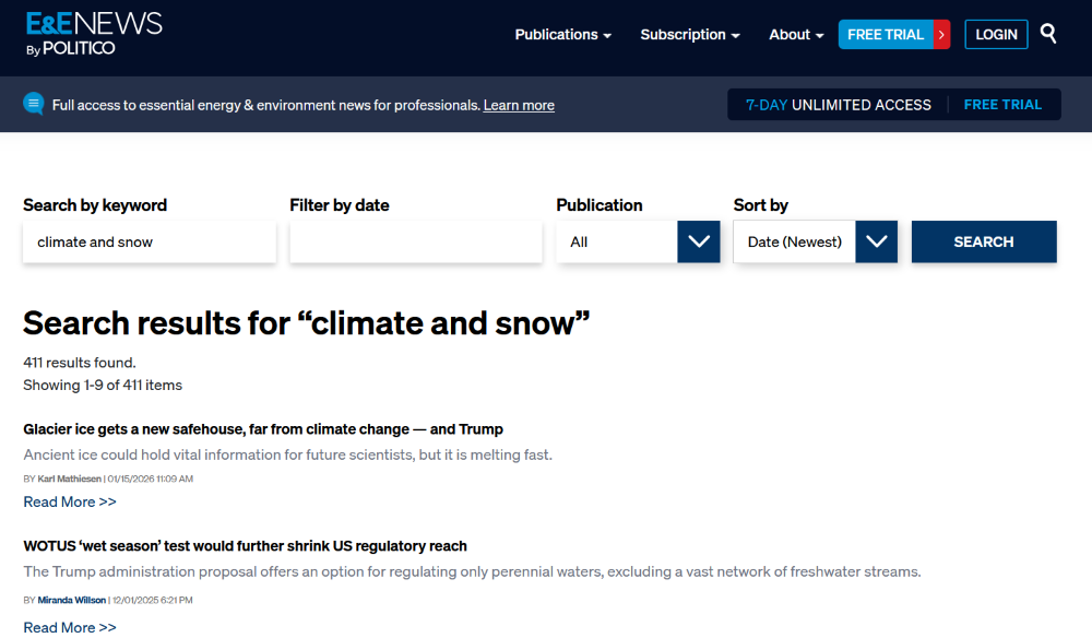 screenshot showing search results page with 411 results for the search “climate and snow”