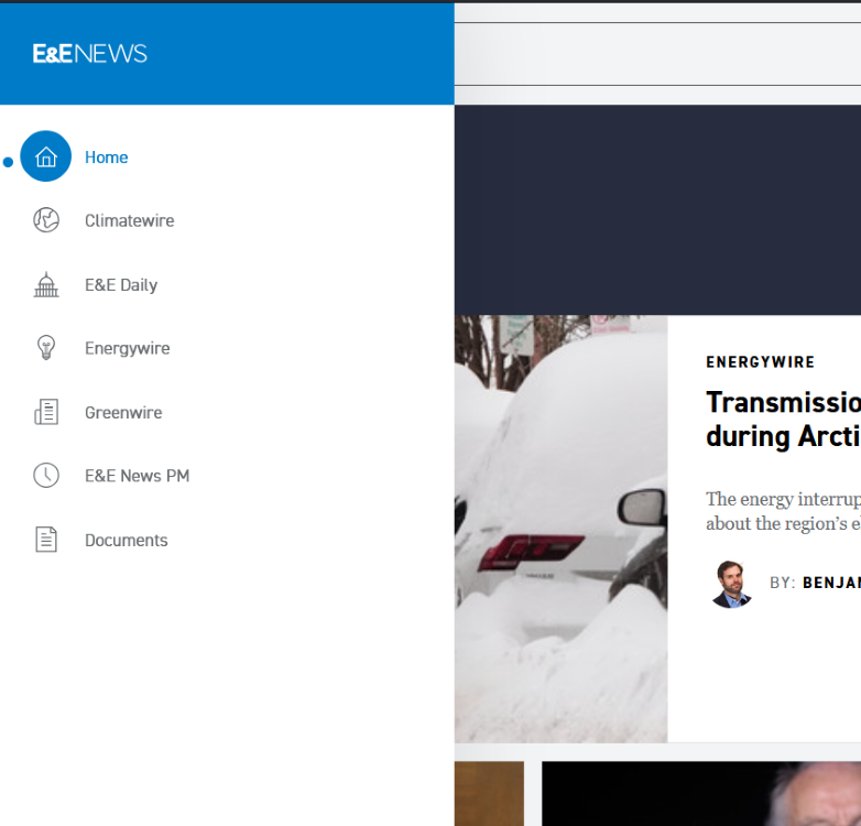  screenshot showing the list of publications at the left side of the subscriber site for E&E news