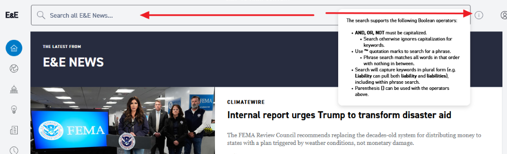screenshot showing the search on the paid E&E site, with arrows indicating the search bar at the top to the left and the information icon that reveals search instructions at the top to the right