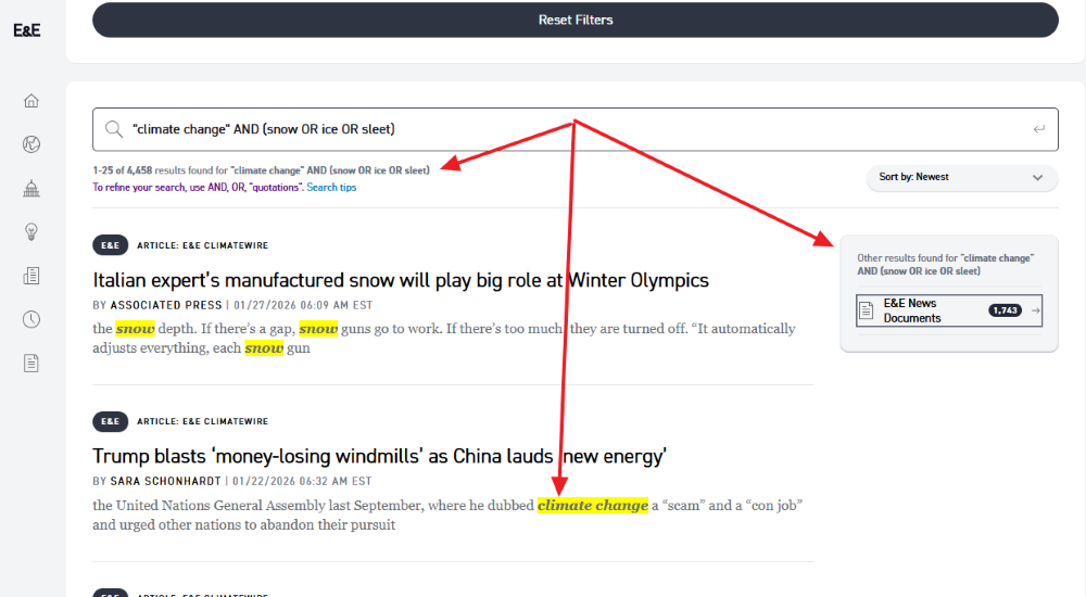  screenshot of the search results, with arrows pointing to search tips beneath the search bar, yellow highlighted keywords in result text snippets, and E&E News Documents results