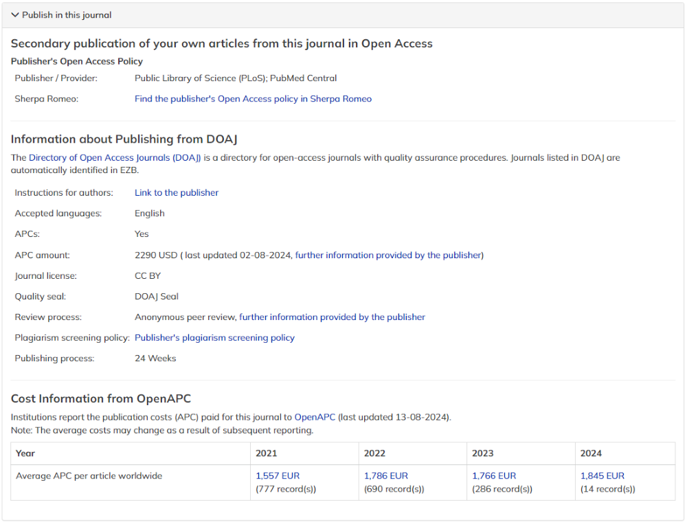 Display of information on publishing in the Electronic Journals Library