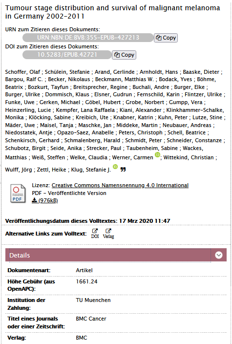 FIGURE 4 Display of OpenAPC information in the repository of the University of Regensburg