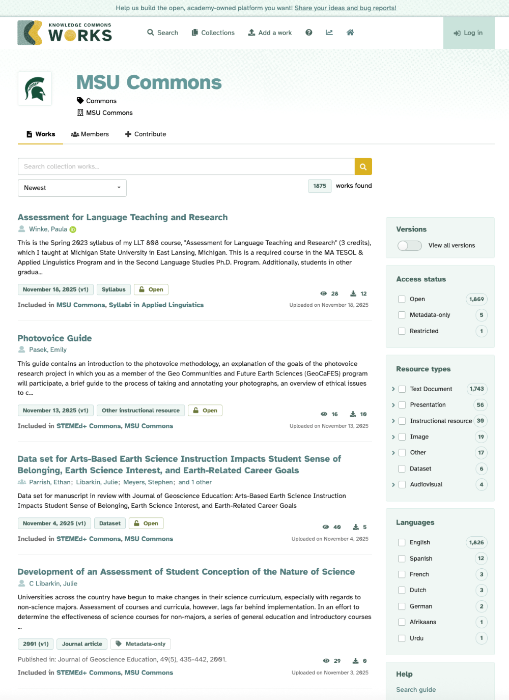 screenshot showing the MSU Commoons instance, with a search bar at the top and a sampling of records displayed underneath.