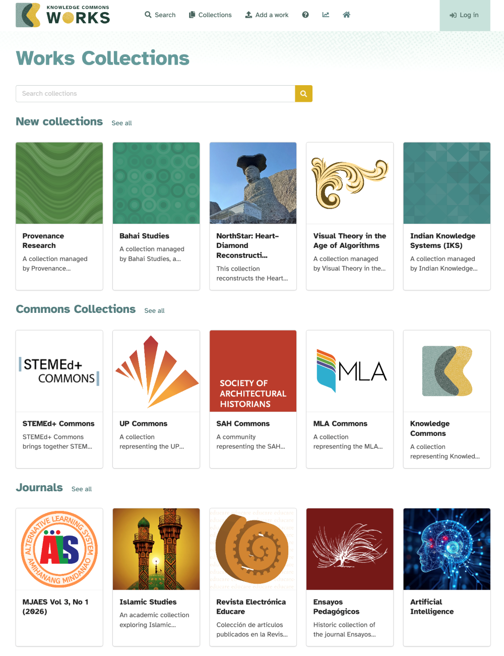 Screenshot of the Works Collections page, showing three collections, each a separate row displaying five works, each designated by an image and a title.