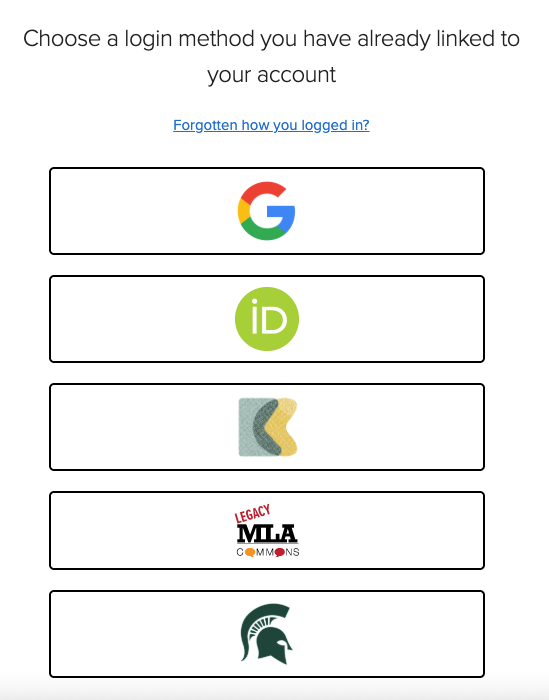 Screenshot of the login screen showing five authentication options