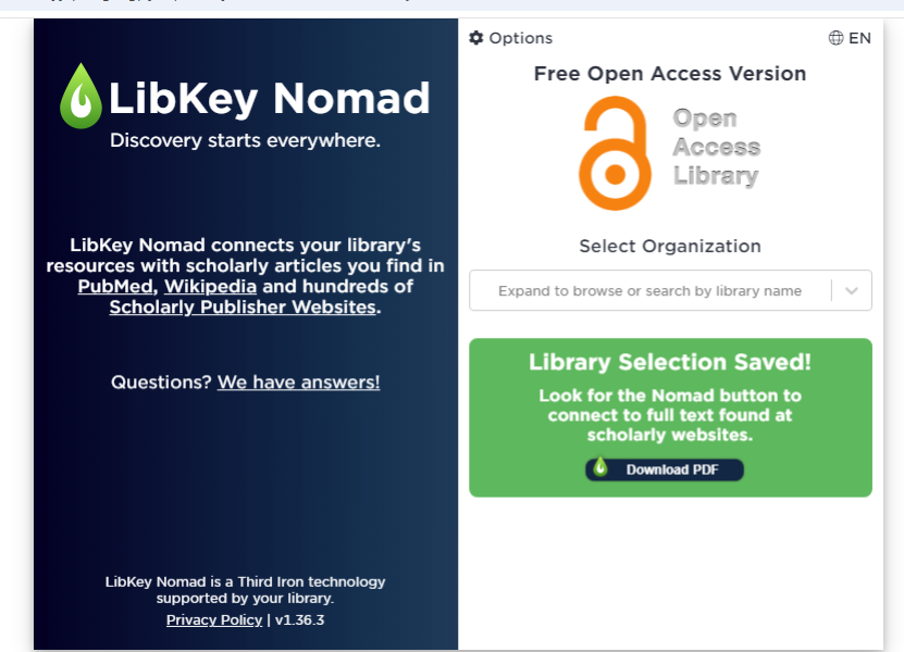 A screenshot showing a blue field with general text about LibKey nomad and a white space with a logo showing this is the free open access version and a link to the full text of articles. 