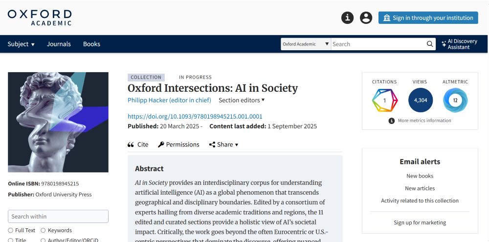 screenshot showing the homepage for the collection “Oxford Intersections: AI in Society,” including abstract describing the collection