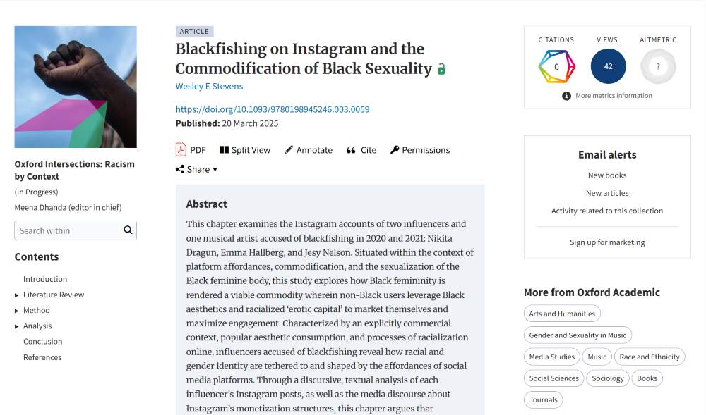 Screenshot of an article called “Blackfishing on Instagram and the Commodification of Black Sexuality,” showing navigation menu on left and metrics, alerts, and tags for “More from Oxford Academic” on the right