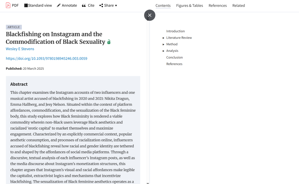 Screenshot of the article “Blackfishing on Instagram and the Commodification of Black Sexuality” in split view