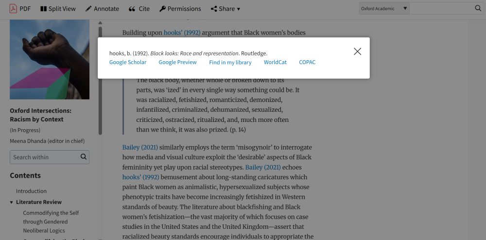 screenshot showing pop up citation of “hooks, b. (1992). Black looks: Race and representation. Routledge,” with links to Google Scholar, Google Preview, Find in my library, WorldCat, and COPAC, opened from a hyperlink within an article