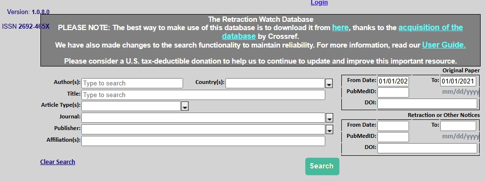 A screenshot of the Retraction Watch Database search options.