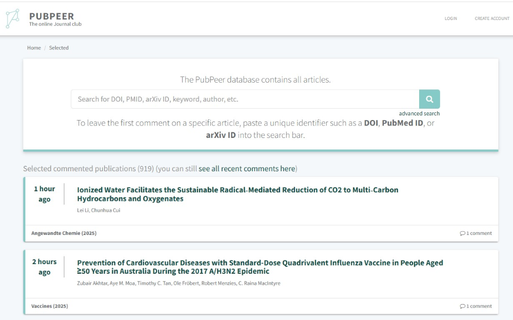 A screenshot of the PubPeer website home page.