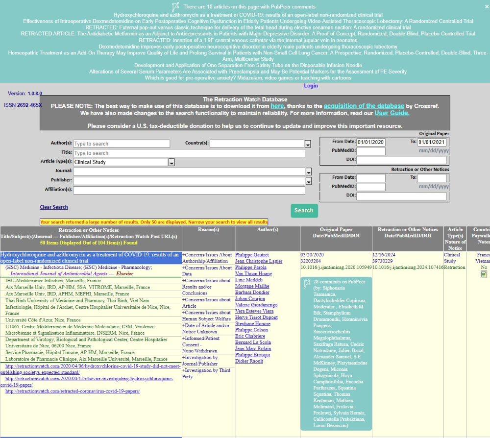 A screenshot of links to PubPeer discussion threads on the Retraction Watch Database display because of the PubPeer browser extension.