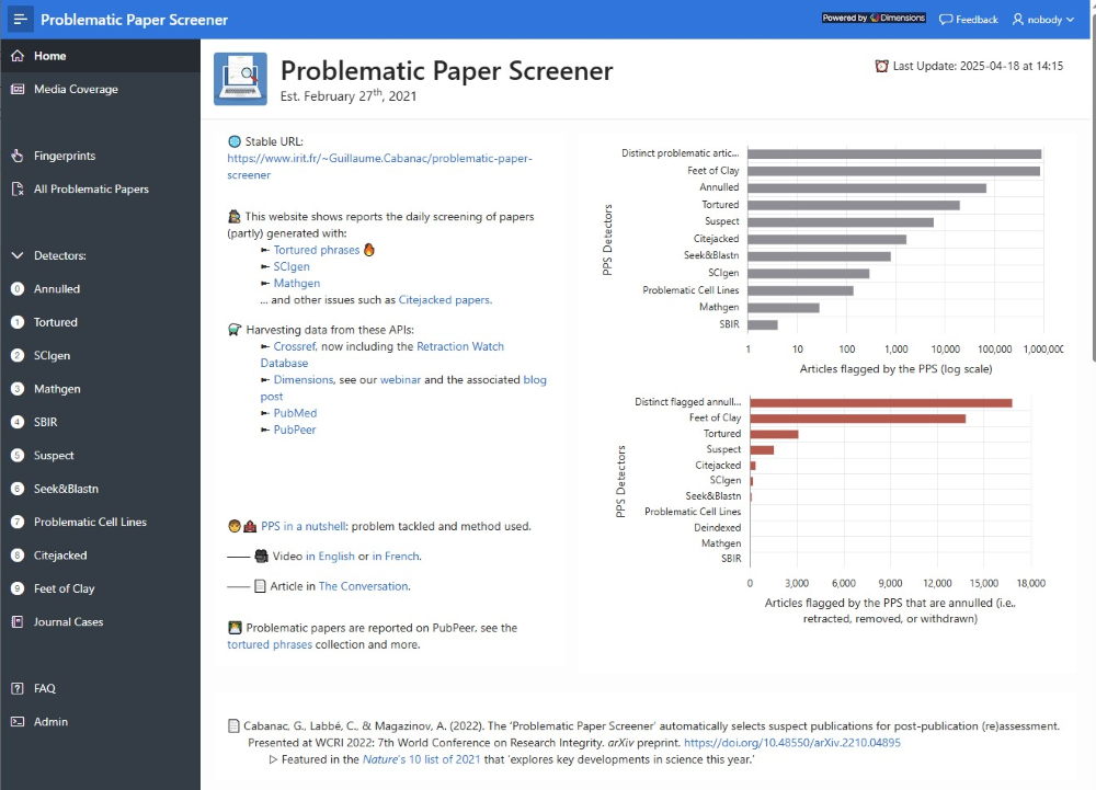 A screenshot of the Problematic Paper Screener home page.