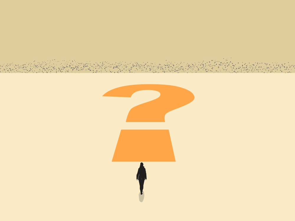 The silhouette of a woman facing a question mark laid out in front of her like a path 