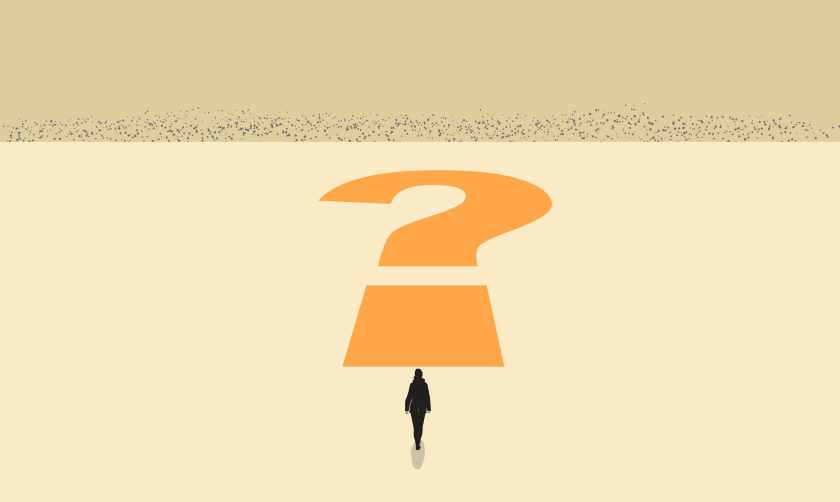 The silhouette of a woman facing a question mark laid out in front of her like a path 