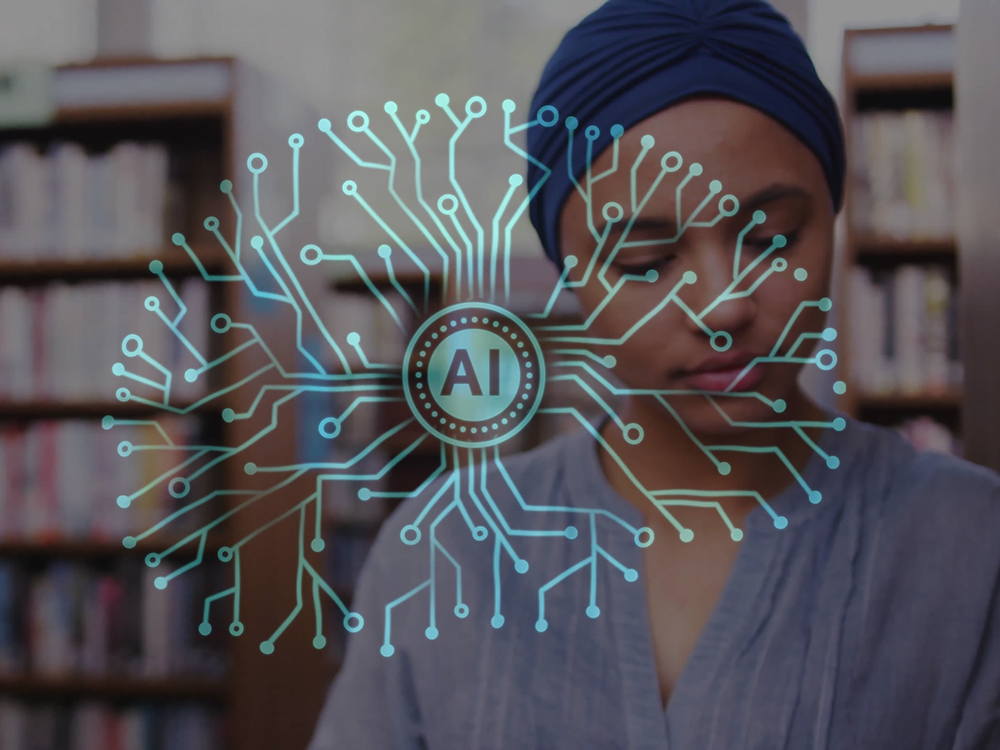 a photoillustration showing a woman standing in front of library shelves overlaid by a brain-shaped image of lines connecting to nodes with a circle reading 