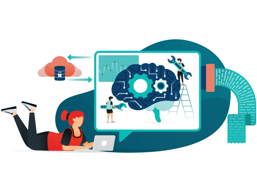 Illustration of education with artificial intelligence. Students do exams or homework with the help of AI 