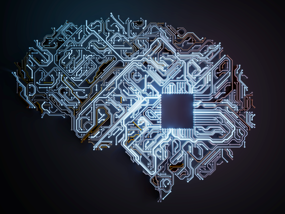 Artificial intelligence concept. Electronic circuit of brain shape. 3D rendered illustration.