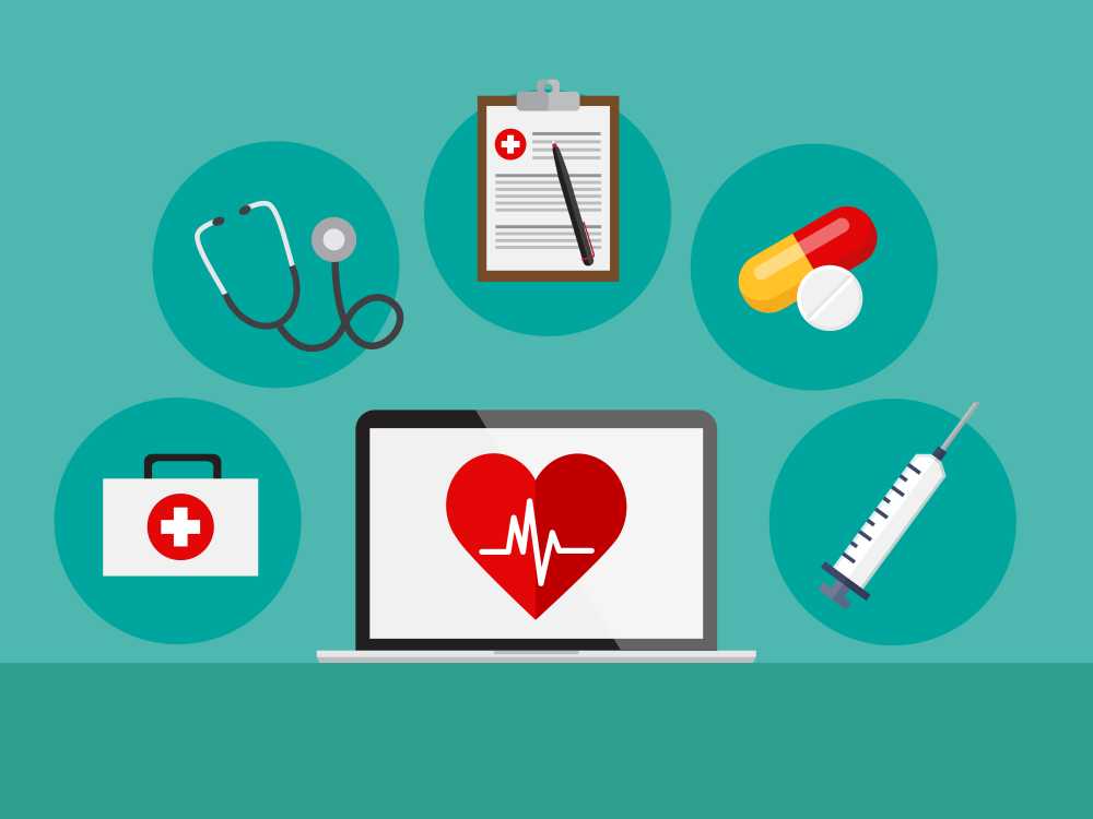 An illustration of several items related to health careers: a first aid kit, a stethoscope, a medical document, pills, a syringe, and a laptop open to health information 