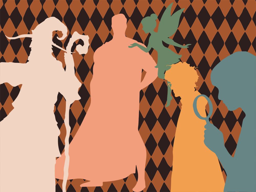 An illustration showing the silhouettes of what appear to be charactrers from different stories—a wizard, someone in a cape, a fairy, a caped character in glasses—with, in the foreground, a silhouette of someone looking at them through a magnifying glass