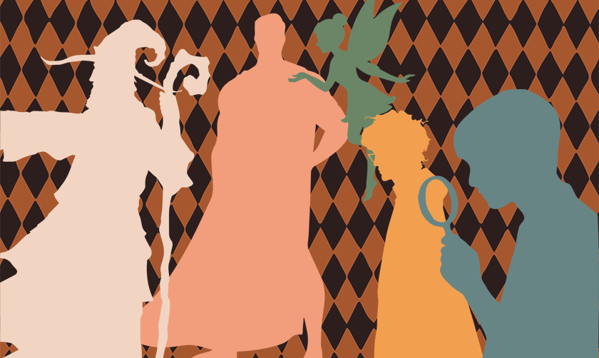 An illustration showing the silhouettes of what appear to be charactrers from different stories—a wizard, someone in a cape, a fairy, a caped character in glasses—with, in the foreground, a silhouette of someone looking at them through a magnifying glass