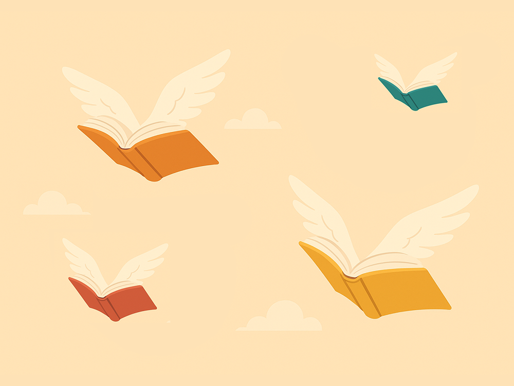 An illustration of four books with wings flying through the sky