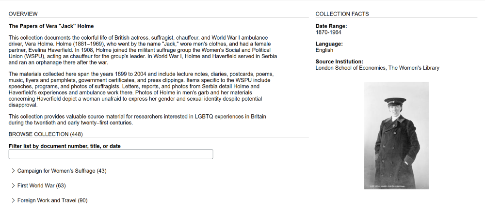 screenshot showing an overview of the collection “The Papers of Vera “Jack” Holme, “a British actress, suffragist, chauffeur, and World War I ambulance drive”