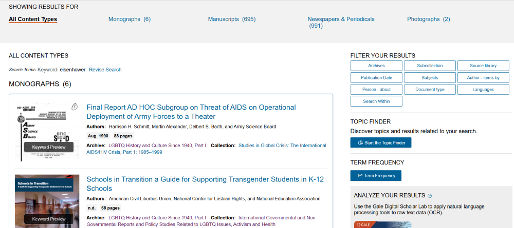 screenshot showing search results for the keyword “Eisenhower.”