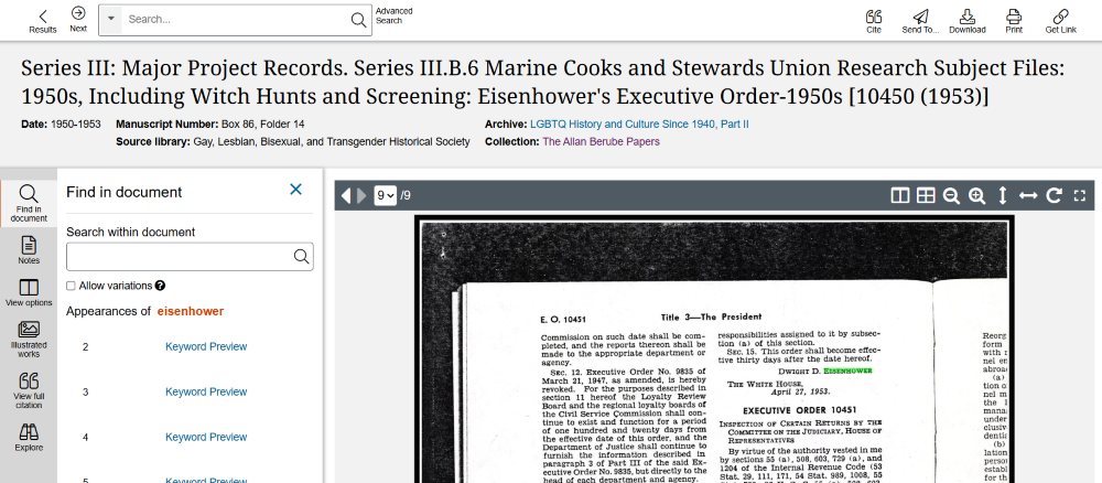 a screenshot showing a document displayed in a view screen, with details about the document at the top, including the date 1950–1953 and the Manuscript Number “Box 86, Folder 14,” with one visible corner of the document itself, labelled E.O. 10451