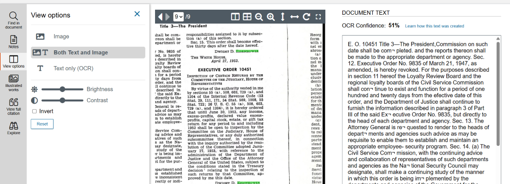 screenshot showing a scan of the document “Executive Order 10451” at center, with a sidebar on the left displaying view options and the OCR text on the right