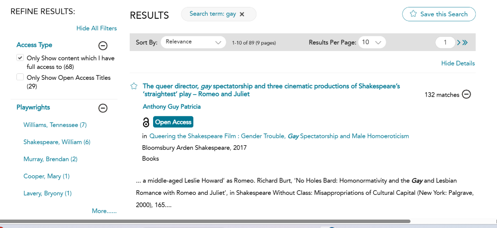 screenshot of sample search using the keyword “Gay”