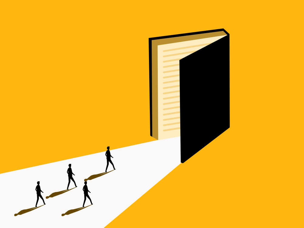 Small silhouetted figures approach a large book, open like a door, against an orange background