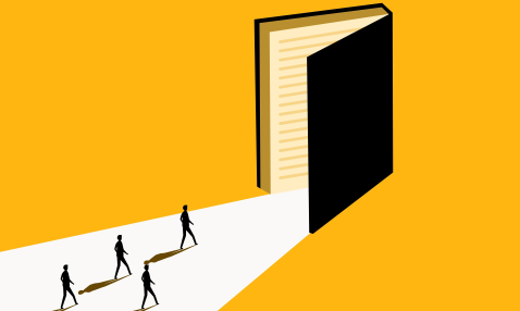 Small silhouetted figures approach a large book, open like a door, against an orange background