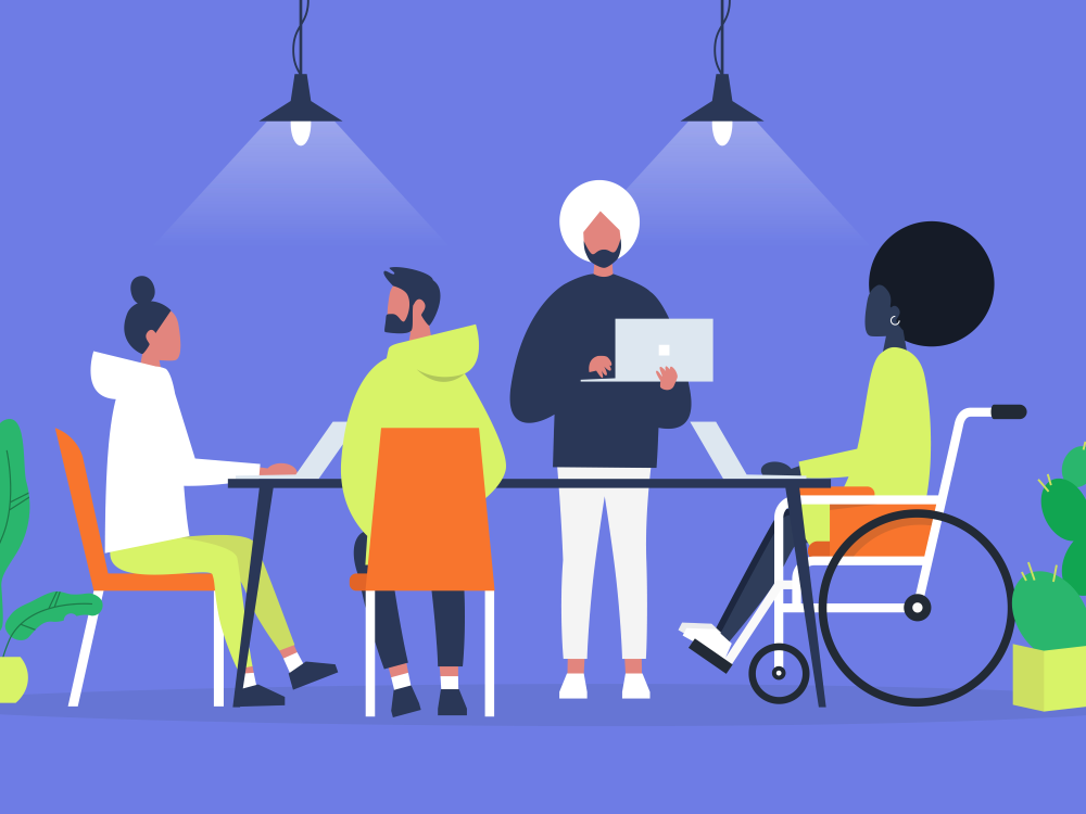 Illustration of four POC workers sitting around a conference table. 