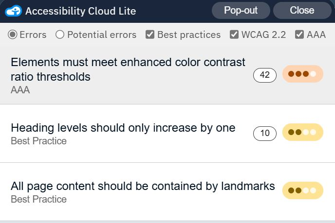 Screenshot showing Accessibility Cloud Lite bookmarklet accessibility results