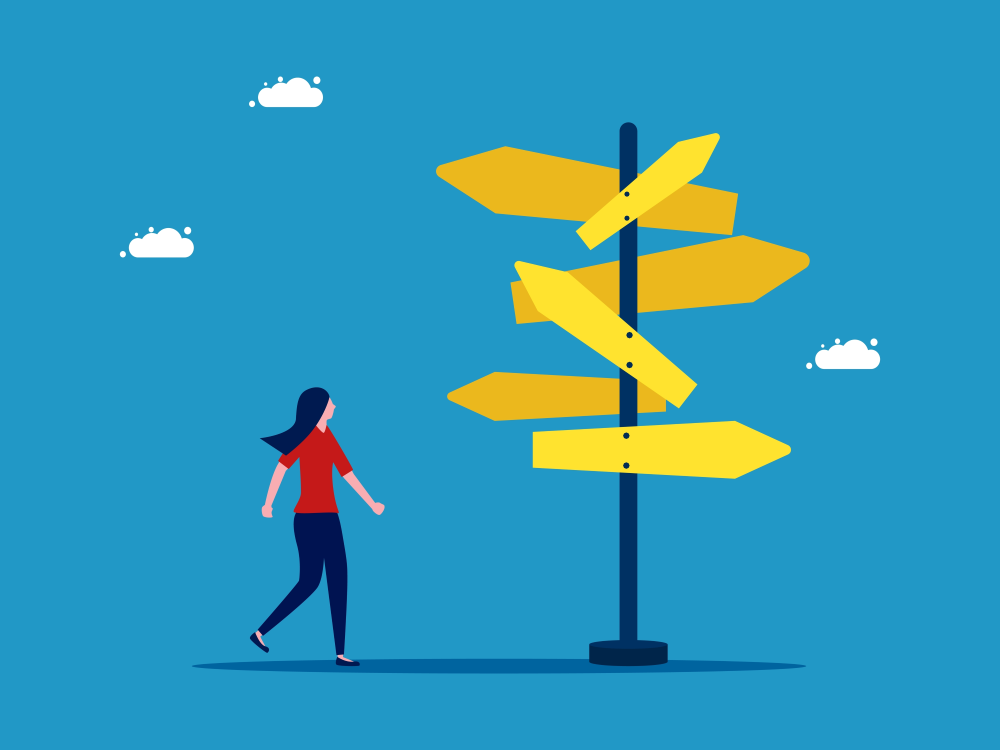 Illustration of a woman approaching a signpost with signs pointing in all directions 