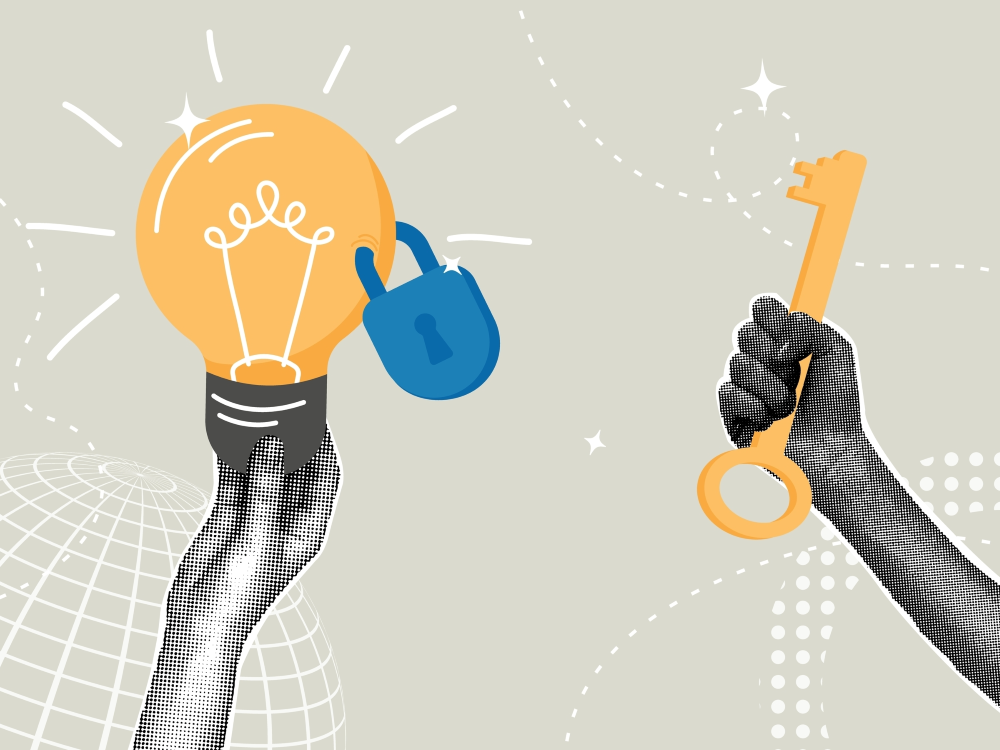 Collage illustration depicting one hand holding a lightbulb with a padlock attached and the other hand holding a large key 
