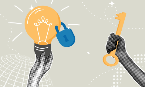 Collage illustration depicting one hand holding a lightbulb with a padlock attached and the other hand holding a large key 