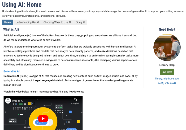 A screenshot of the Libguide homepage of “Using AI” created by Utah State University
