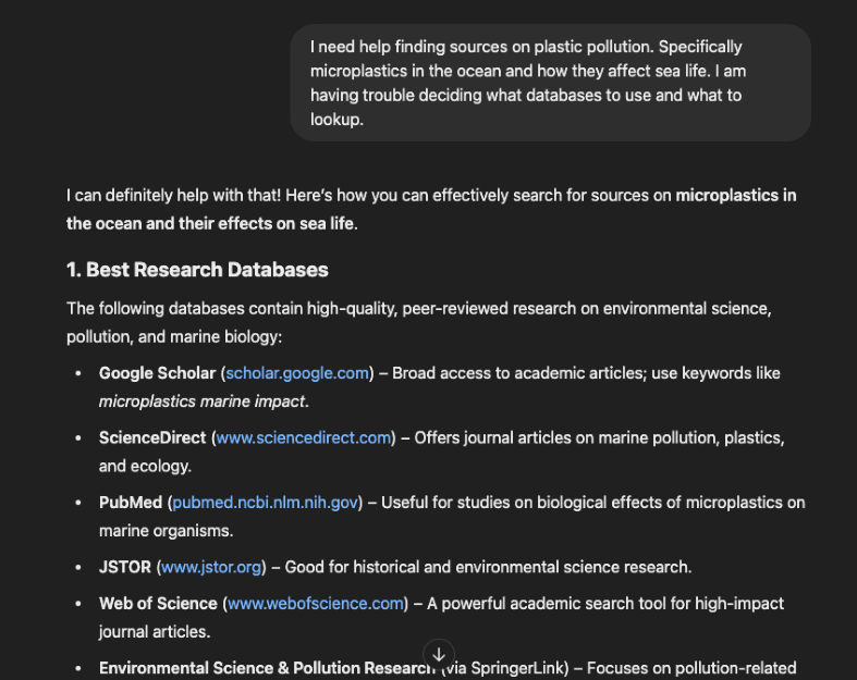 ChatGPT providing options for databases and key terms to use when doing research on plastic pollution.