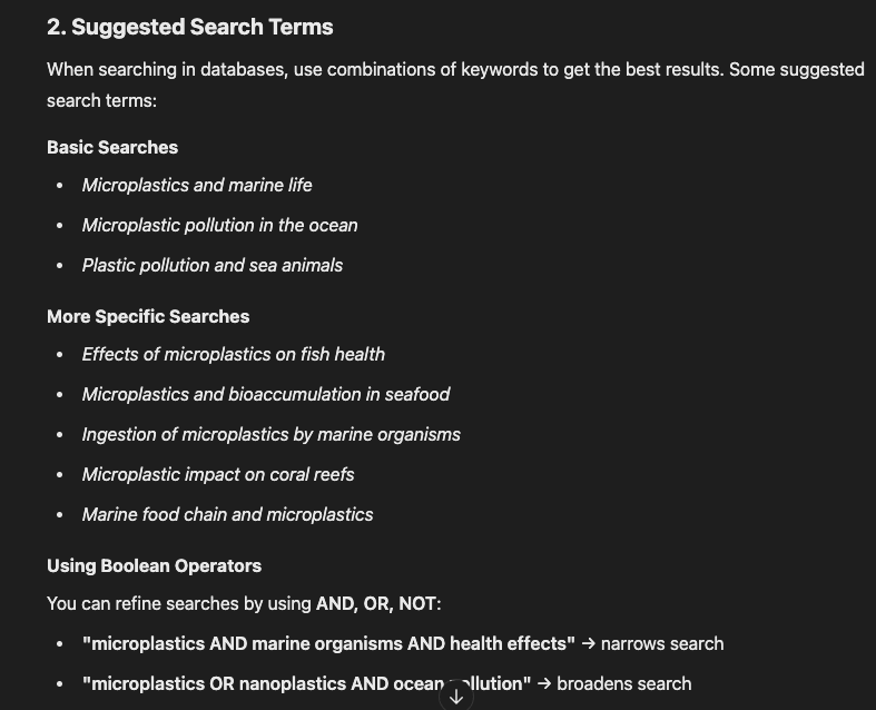 ChatGPT providing options for databases and key terms to use when doing research on plastic pollution.