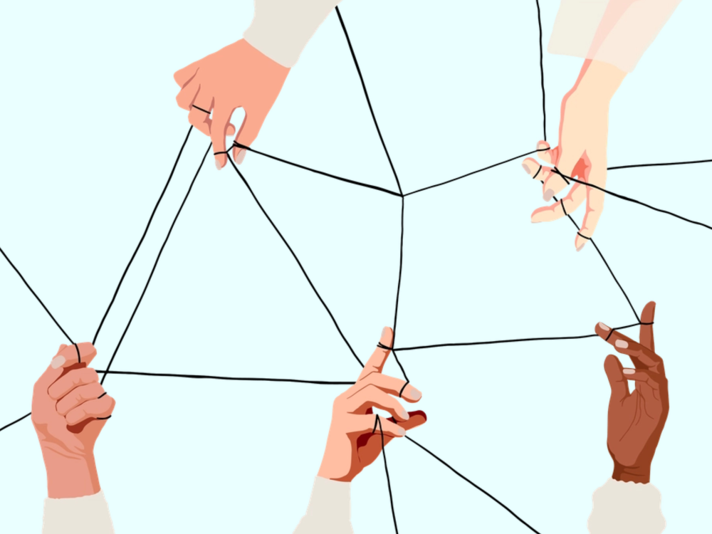 An illustration of hands, together finger-weaving a web of black string 