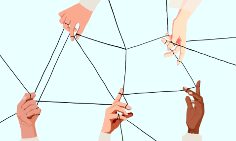 An illustration of hands, together finger-weaving a web of black string 